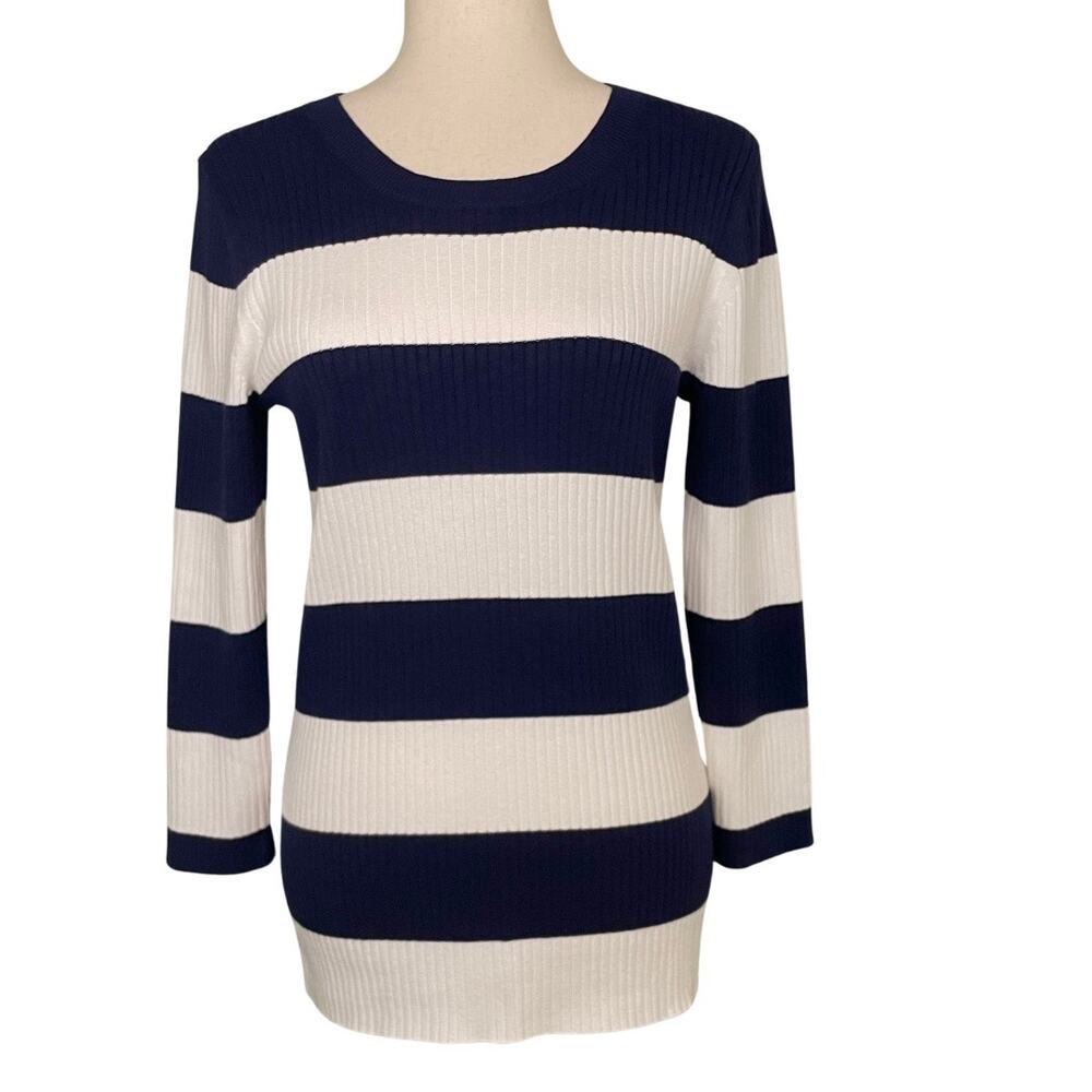 Banana Republic Ribbed Rugby Stripe Crew Neck Sweater Women's Medium Navy White